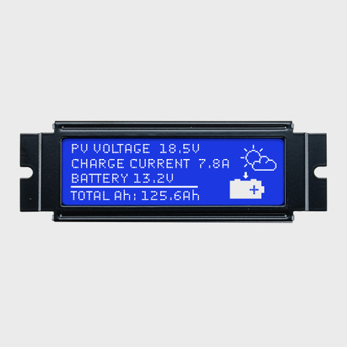 Front view of a 122x32 graphic LCD with black bezel showing white pixels on a blue backlit screen.