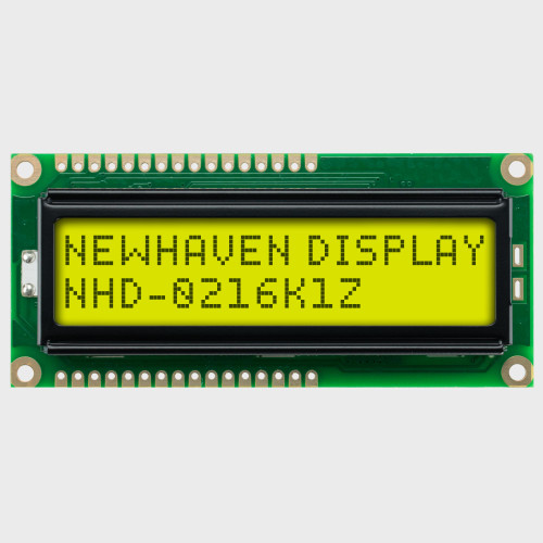 Front view of a 16x2 character LCD with a backlit yellow-green showing dark text.
