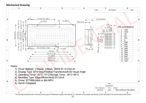 Desenho de Especificação para NHD-0216K1Z-FSW-GBW-L