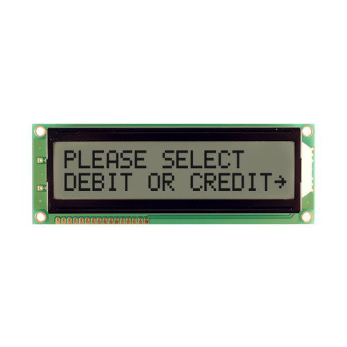Front view of an unlit 16x2 character LCD with a FSTN+ gray screen showing dark text.