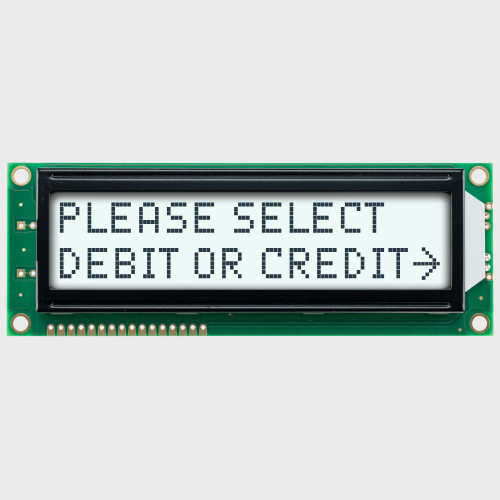 Front view of a 16x2 character LCD with a backlit white screen showing a payment method selection prompt in dark text.