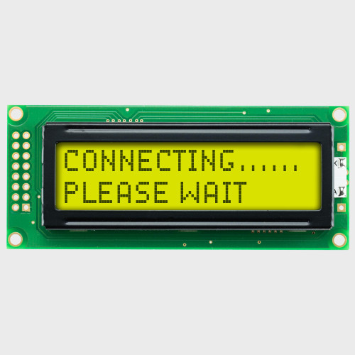 Front view of a 16x2 character LCD with a backlit yellow-green screen showing a connection status message in dark text.