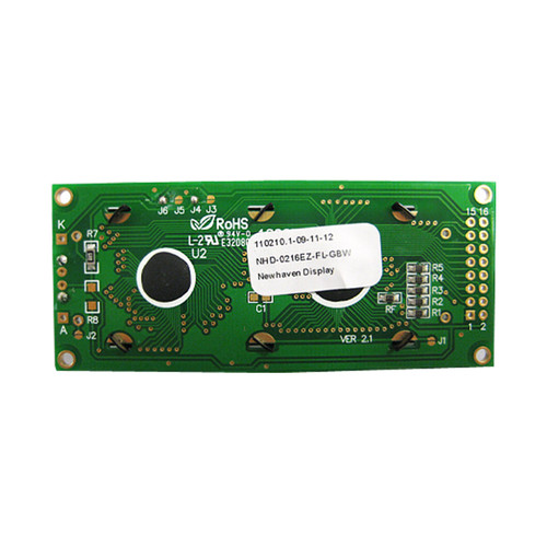 Backside view of a circuit board with various components and a white label featuring the model number of the display it is attached to (NHD-0216EZ-FL-GBW).