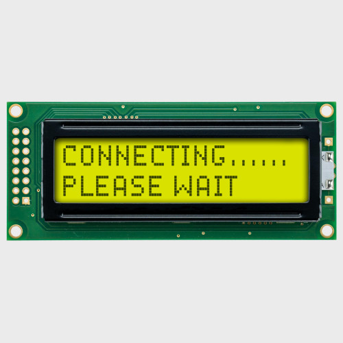 Front view of a 16x2 character LCD with a backlit yellow-green screen showing dark text.