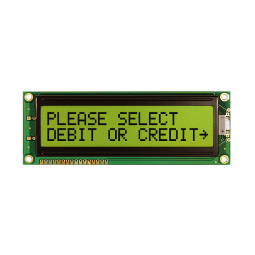Front view of an unlit 16x2 character LCD with an STN+ yellow-green screen showing dark text.
