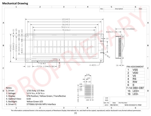 Especificación de dibujo para NHD-0216SZ-FL-YBW