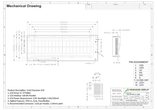 Drawing Specification for NHD-0216SZ-FL-GBW