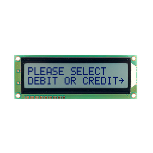 Front view of an unlit 16x2 character LCD with a STN+ gray screen showing dark text.
