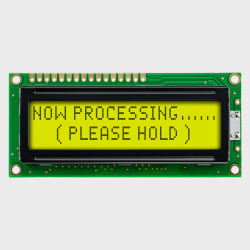 Front view of a 20x2 character LCD with a backlit yellow-green screen showing dark text.