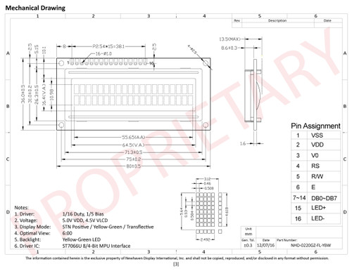 Especificación de dibujo para NHD-0220GZ-FL-YBW