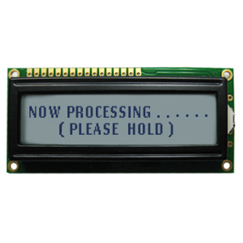 Front view of an unlit 20x2 character LCD with a STN+ gray screen showing dark text.
