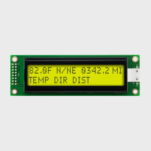 Front view of a 20x2 character LCD with a backlit yellow-green screen showing dark text.
