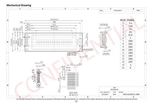 Disegno delle specifiche per NHD-0220DZ-FL-YBW