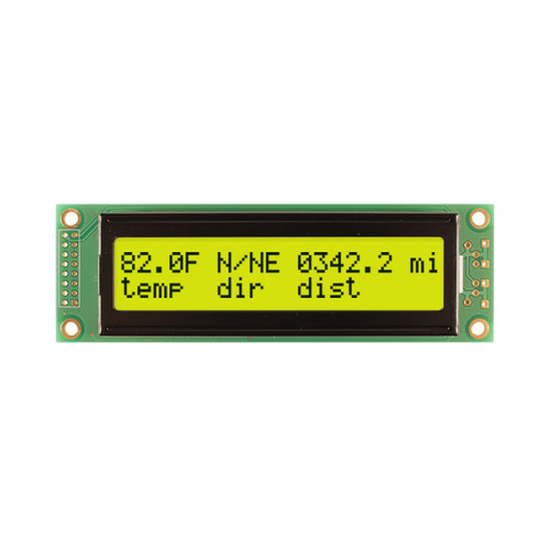 Front view of a 20x2 character LCD with a backlit yellow-green screen showing dark text.