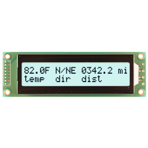 Front view of a 20x2 character LCD with a backlit white screen showing dark text.