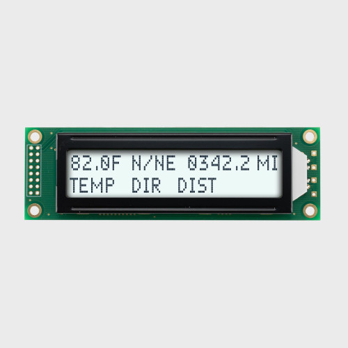 Front view of a 20x2 character LCD with a backlit white screen showing a compass readout in dark text.