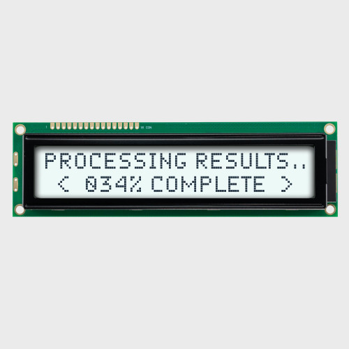 Front view of a 20x2 character LCD with a backlit white screen showing dark text.