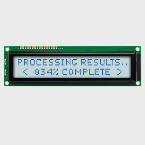 Front view of a 20x2 character LCD with a backlit white screen showing dark text.