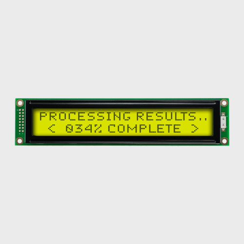 Front view of a 20x2 character LCD with a backlit yellow-green screen showing a results processing notification in dark text.