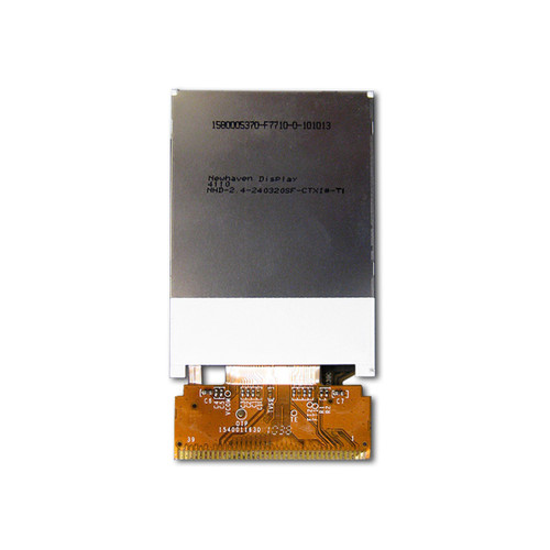 Flat silver backside of a TFT LCD with the model number (NHD-2.4-240320SF-CTXI#-T1) printed in black text and a 39-pin hot-bar solder FPC.