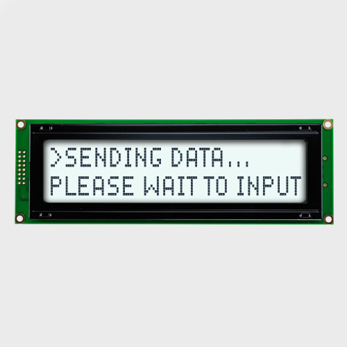 Front view of a 20x2 character LCD with a backlit white screen showing dark text.