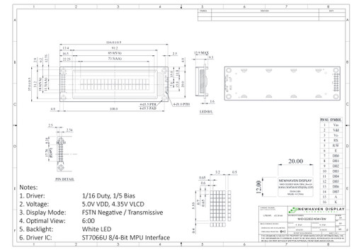 Tekeningspecificatie voor NHD-0220DZ-NSW-FBW