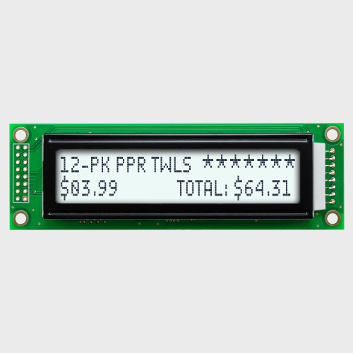 Front view of a 24x2 character LCD with a backlit white screen showing dark text.