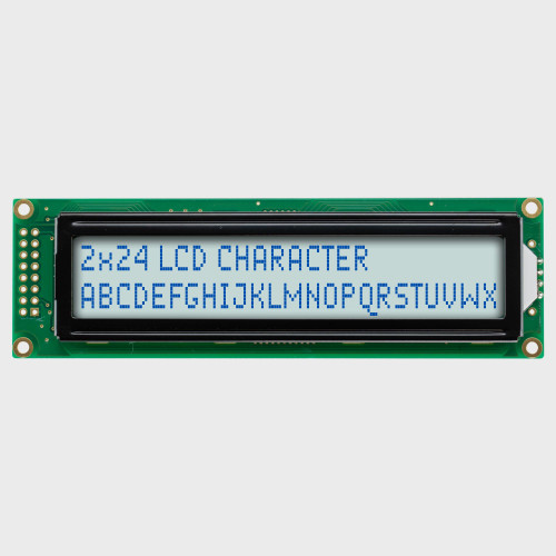 Front view of a 24x2 character LCD with a backlit white screen showing dark text.
