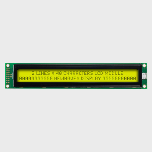 Front view of a 40x2 character LCD with a backlit yellow-green screen showing dark text.