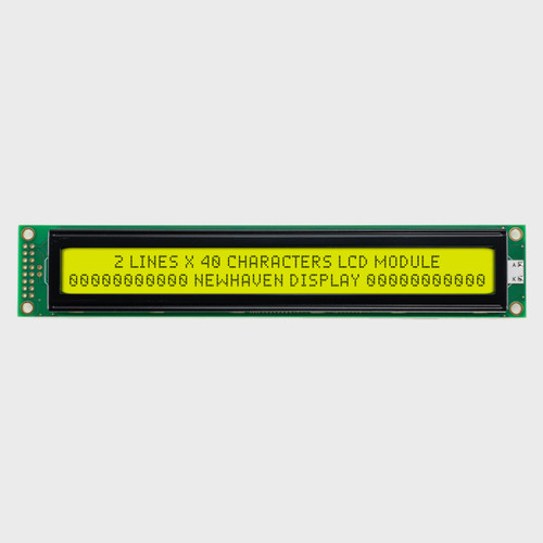 Front view of a 40x2 character LCD module with dark text on a yellow-green background.