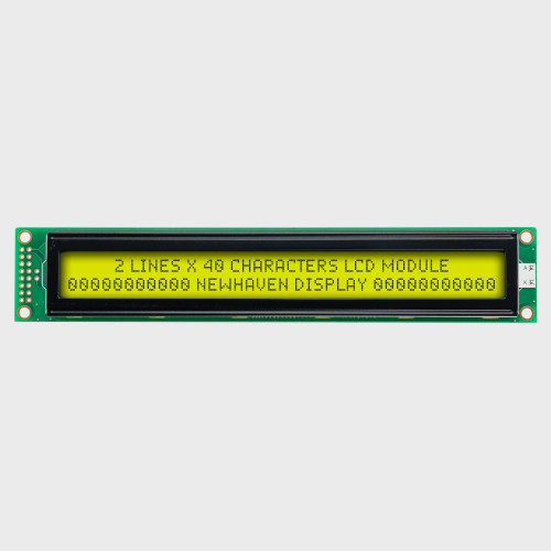 Front view of a 40x2 character LCD with a backlit yellow-green screen showing dark text.