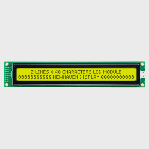 Front view of a 40x2 character LCD module with dark text on a yellow-green background.