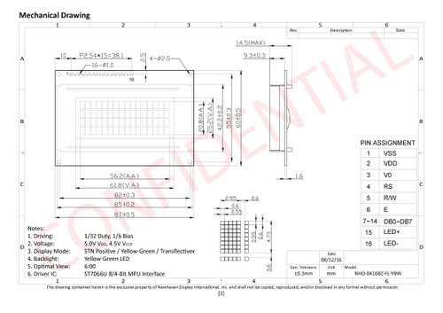 Specyfikacja rysunkowa dla NHD-0416BZ-FL-YBW