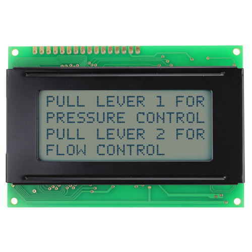 Front view of an unlit 16x4 character LCD with an STN+ gray screen showing dark text.