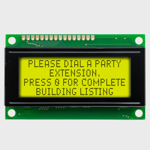 Front view of a 20x4 character LCD with a backlit yellow-green screen showing dark text.