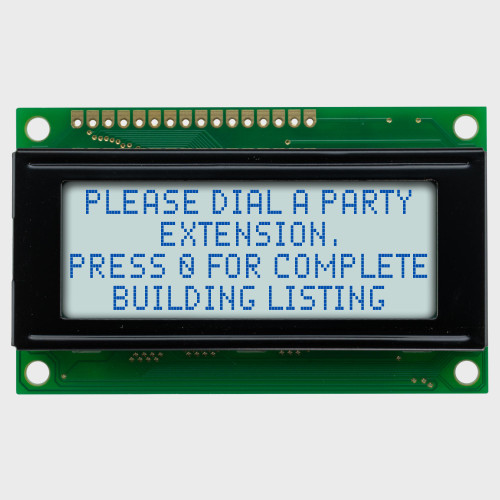 Front view of a 20x4 character LCD with a backlit white screen showing dark text.