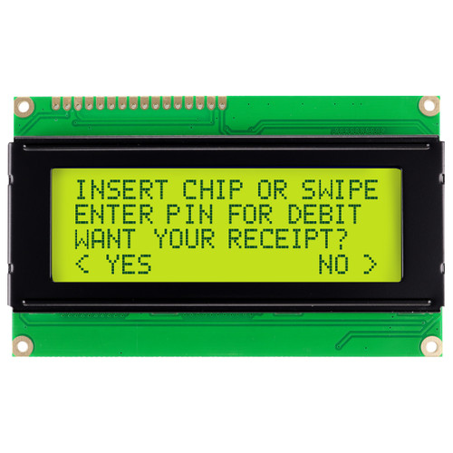 Front view of a 20x4 character LCD with a backlit yellow-green screen showing dark text.