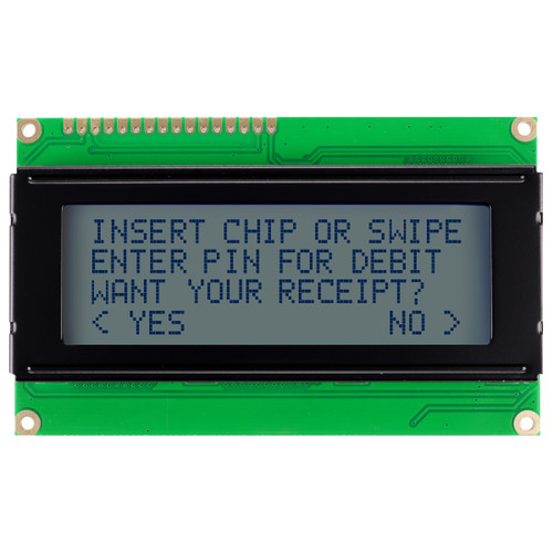 Front view of an unlit 20x4 character LCD with an STN+ gray screen showing dark text.