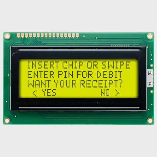 Front view of a 20x4 character LCD with a backlit yellow-green screen showing dark text.