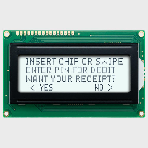 Front view of a 20x4 character LCD with a backlit white screen showing dark text.