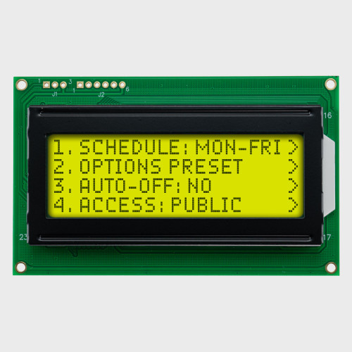 Front view of a 20x4 character LCD with a backlit yellow-green screen showing dark text.