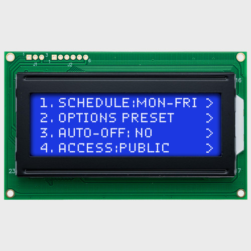 Front view of a 20x4 character LCD with a backlit screen showing white text on a dark blue background.