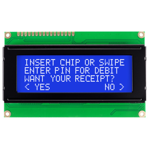 Front view of a 20x4 character LCD with a backlit screen showing white text on a dark blue background.