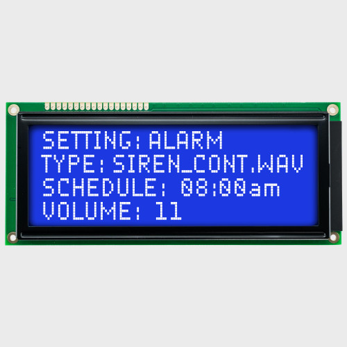 Front view of a 20x4 character LCD with a backlit screen showing white text on a dark blue background.