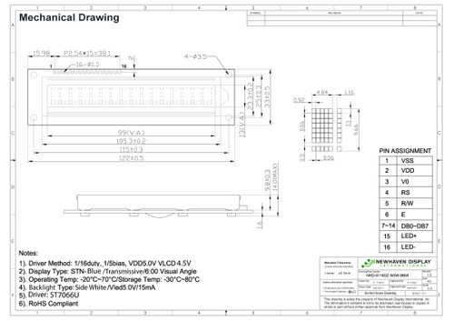 Specifiche di disegno per NHD-0116DZ-NSW-BBW