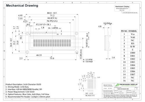 Especificación de dibujo para NHD-0216KZW-AB5