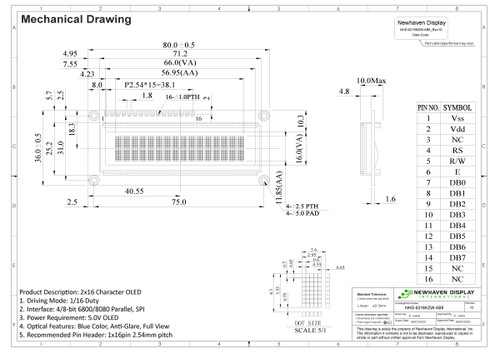 Specifiche di disegno per NHD-0216KZW-AB5