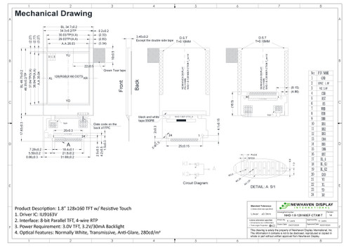 Especificação do desenho para NHD-1.8-128160EF-CTXI#-T