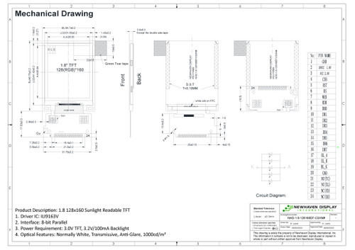 Especificação do desenho para NHD-1.8-128160EF-CSXN#