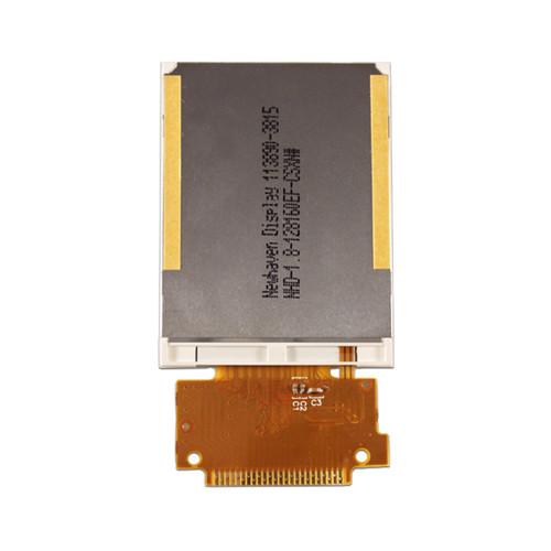 Flat silver backside of a TFT LCD with the model number (NHD-1.8-128160EF-CSXN#) printed in black text and an attached hot-bar solder connection.